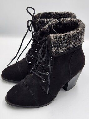 Torrid Black Suede Knit Cuff Lace-Up Ankle Boots-Chunky Heel size 6WW wide width